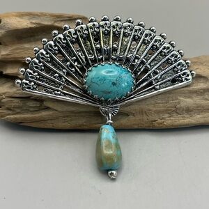 Vintage Turquoise and Silver Fan Pendant